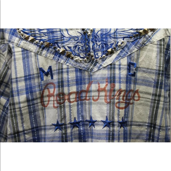 Parish Road Kings Plaid Blue Pearl Snap Metal Studs Embroidered Western Cowboy - Picture 7 of 10